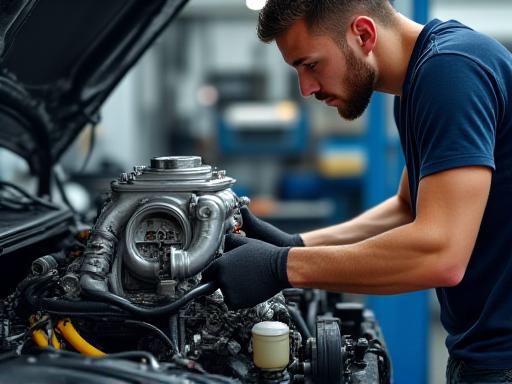 Mechanic working on a turbocharged engine in a workshop